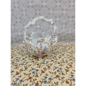 Vintage Floral Porcelain Basket with Gold Accents Footed Vase Decor Home Flowers
